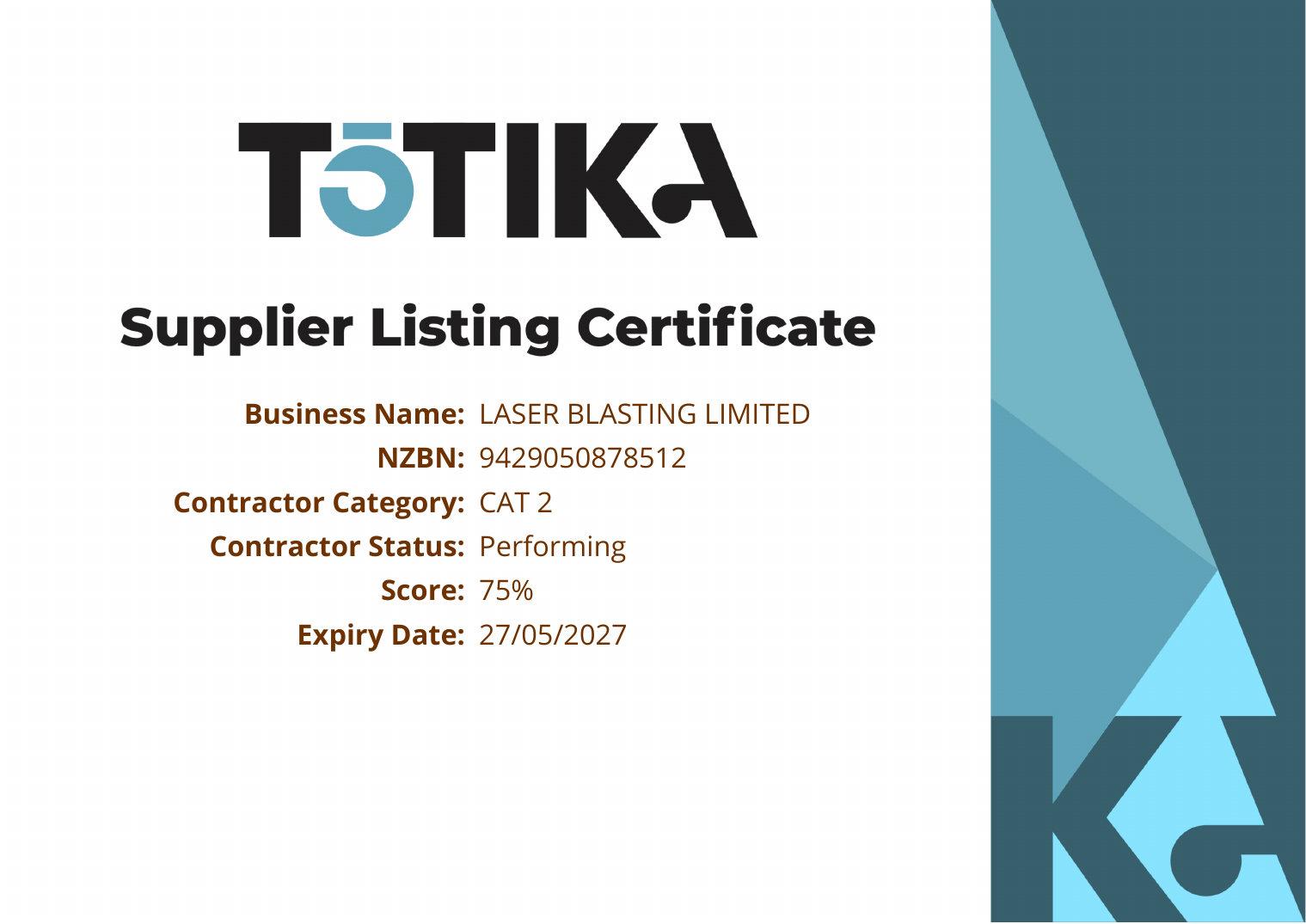 Tōtika Supplier Listing Certificate for Laser Blasting Limited